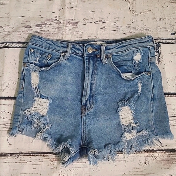 Almost Famous High Waist Distressed Cut Off Light Blue Denim Jean Shorts Size 9 - Picture 14 of 16